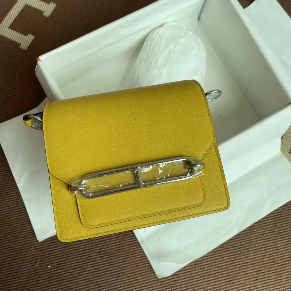 Close-up of gold clasp on Hermes Women Roulis Mini Bag yellow
