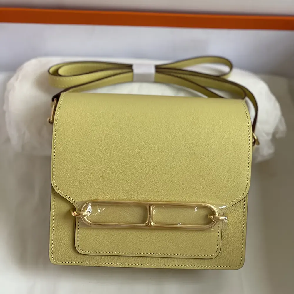 Close-up of silver 'H' hardware on Hermes Women Roulis Mini Bag
