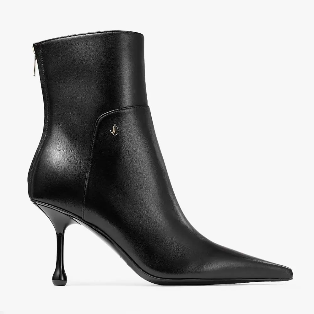 Front angle of Jimmy Choo Women Cycas Ankle Boot 80 in black nappa leather