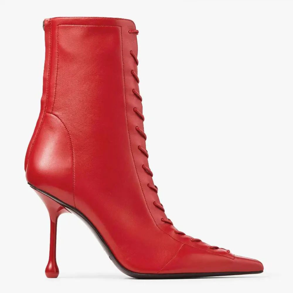 Side profile of Jimmy Choo Women Scarlett Ankle Boot 95 Postbox Red Nappa Leather