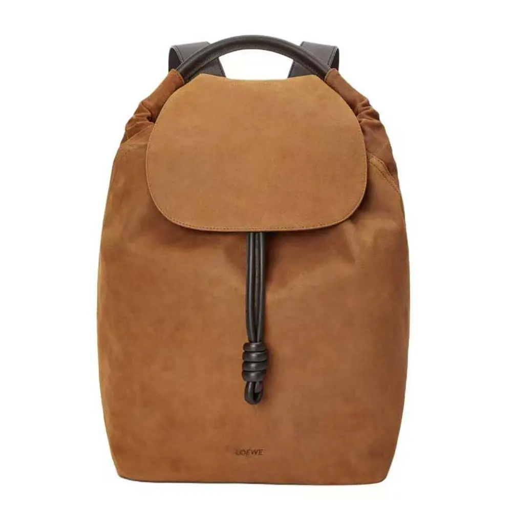 Front view of Loewe Unisex Flamenco Backpack in brown pressed suede