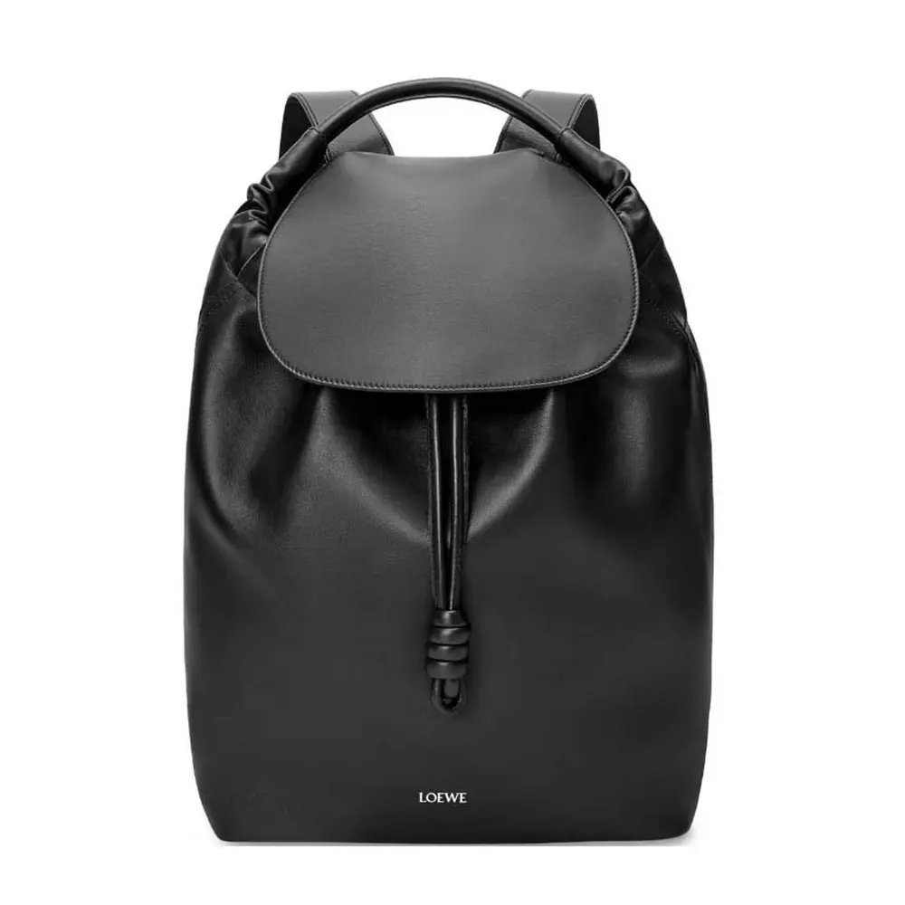 Front view of Loewe Unisex Flamenco Backpack in shiny black calfskin
