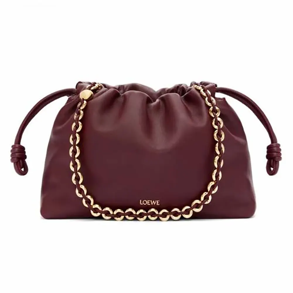 Front angled view of Loewe Unisex Medium Flamenco Purse in dark burgundy