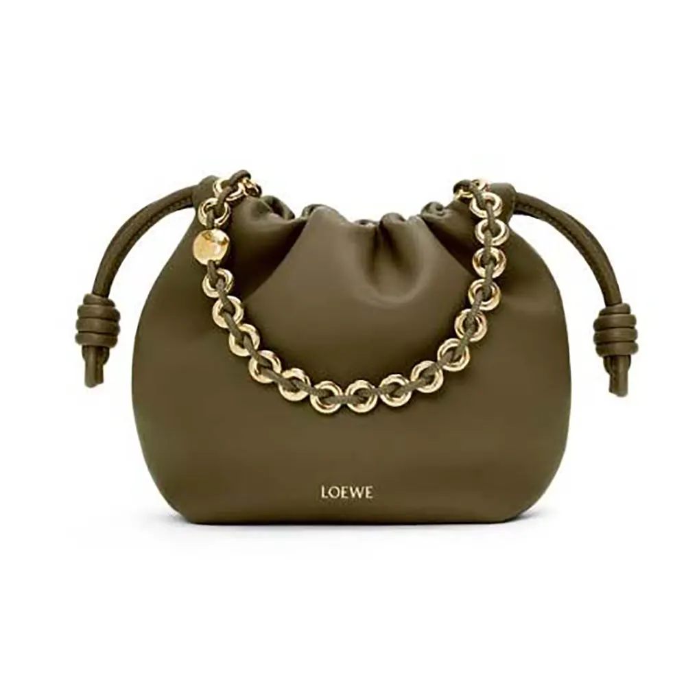Front view of Loewe Unisex Mini Flamenco Purse Bag in dark khaki green