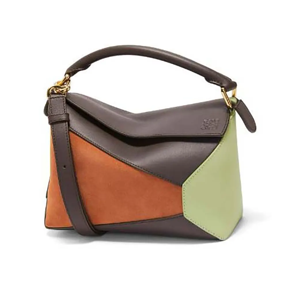 Front angle of Loewe Unisex Small Puzzle Bag in brown calfskin and suede