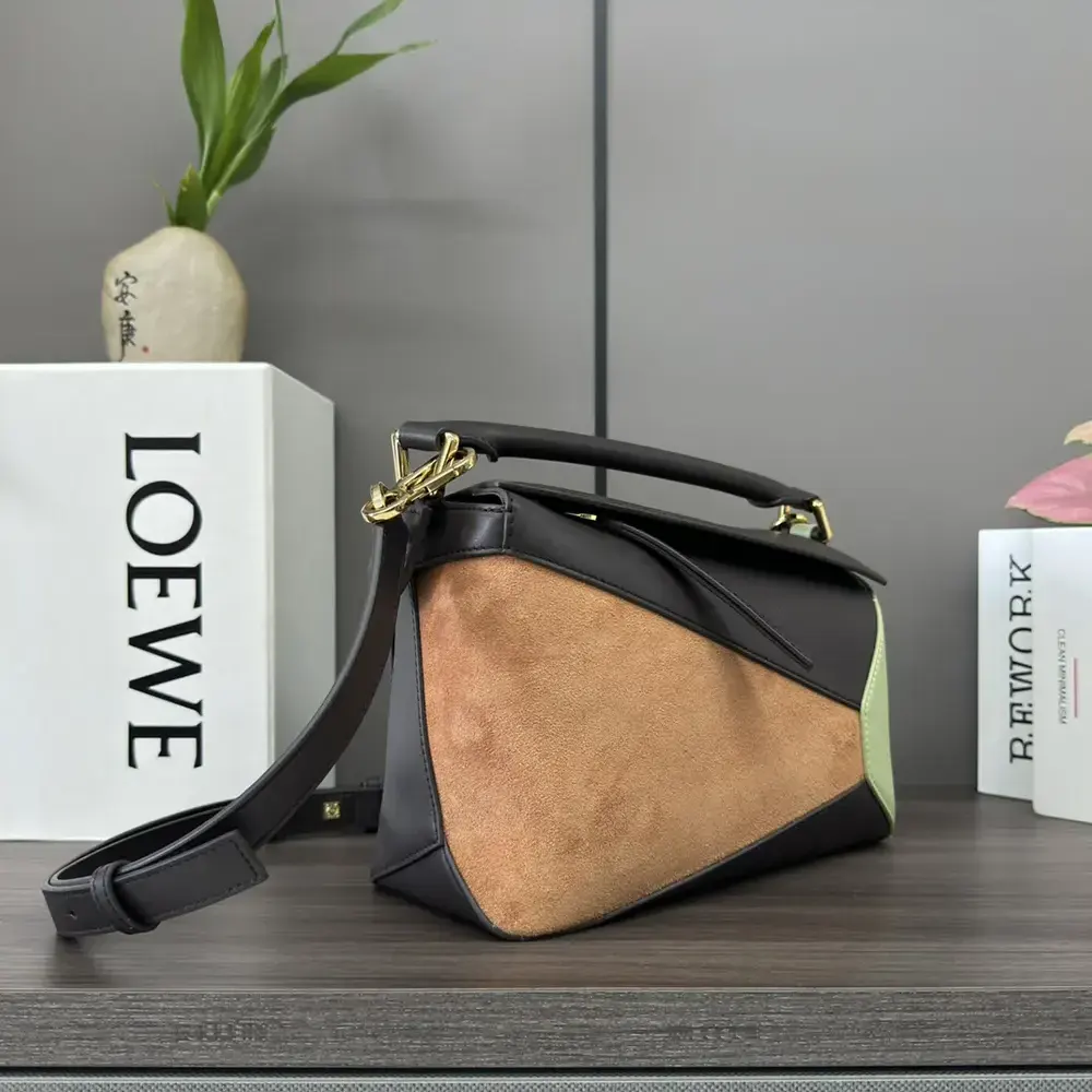 Side profile showing silhouette of Loewe Unisex Small Puzzle Bag brown leather