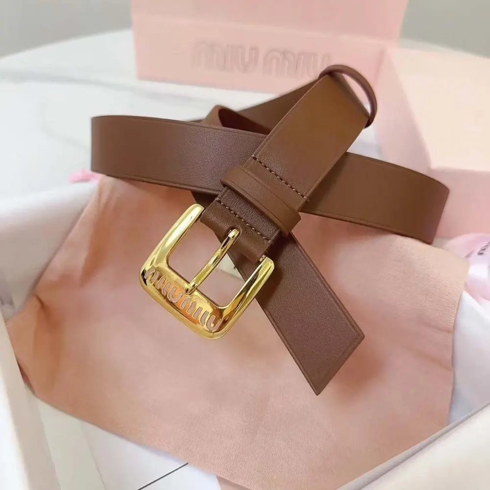 Close-up detail of brown nappa leather and embossed logo belt