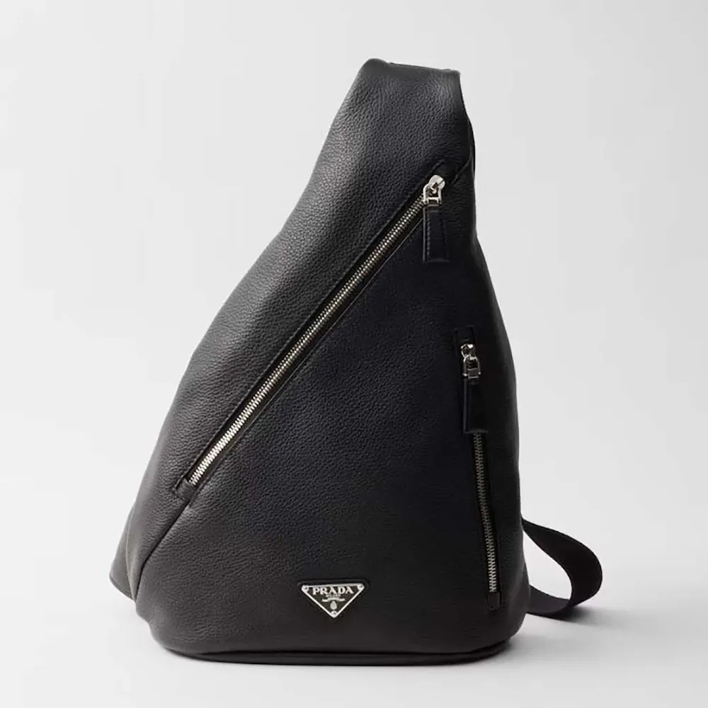 Front view of Prada Men Cross Leather Bag-Black with flap closed