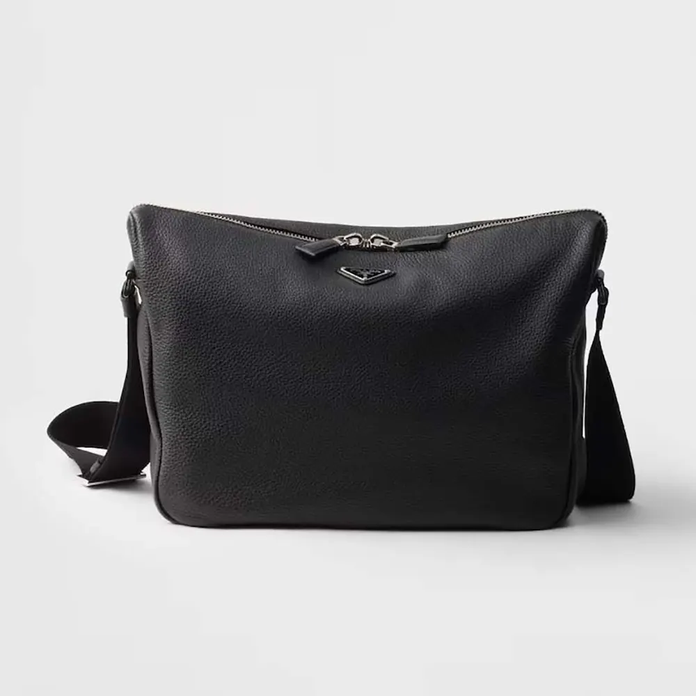 Front view of Prada Men Leather Shoulder Bag-Black with logo