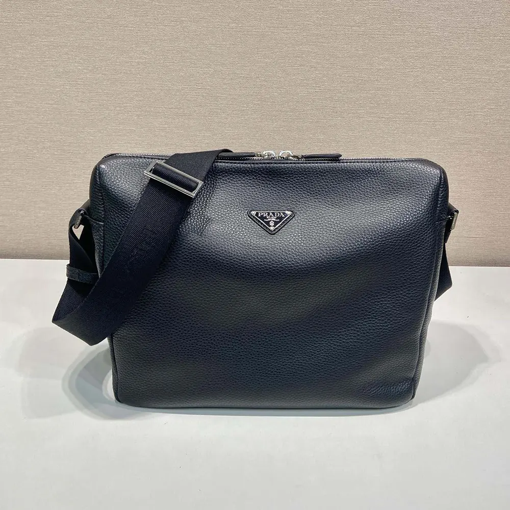 Close-up of silver hardware on Prada Men Leather Shoulder Bag-Black