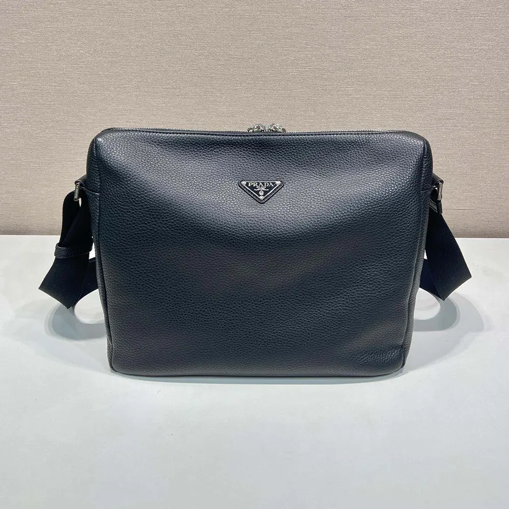 Side angle showing adjustable strap on Prada Men Leather Shoulder Bag-Black