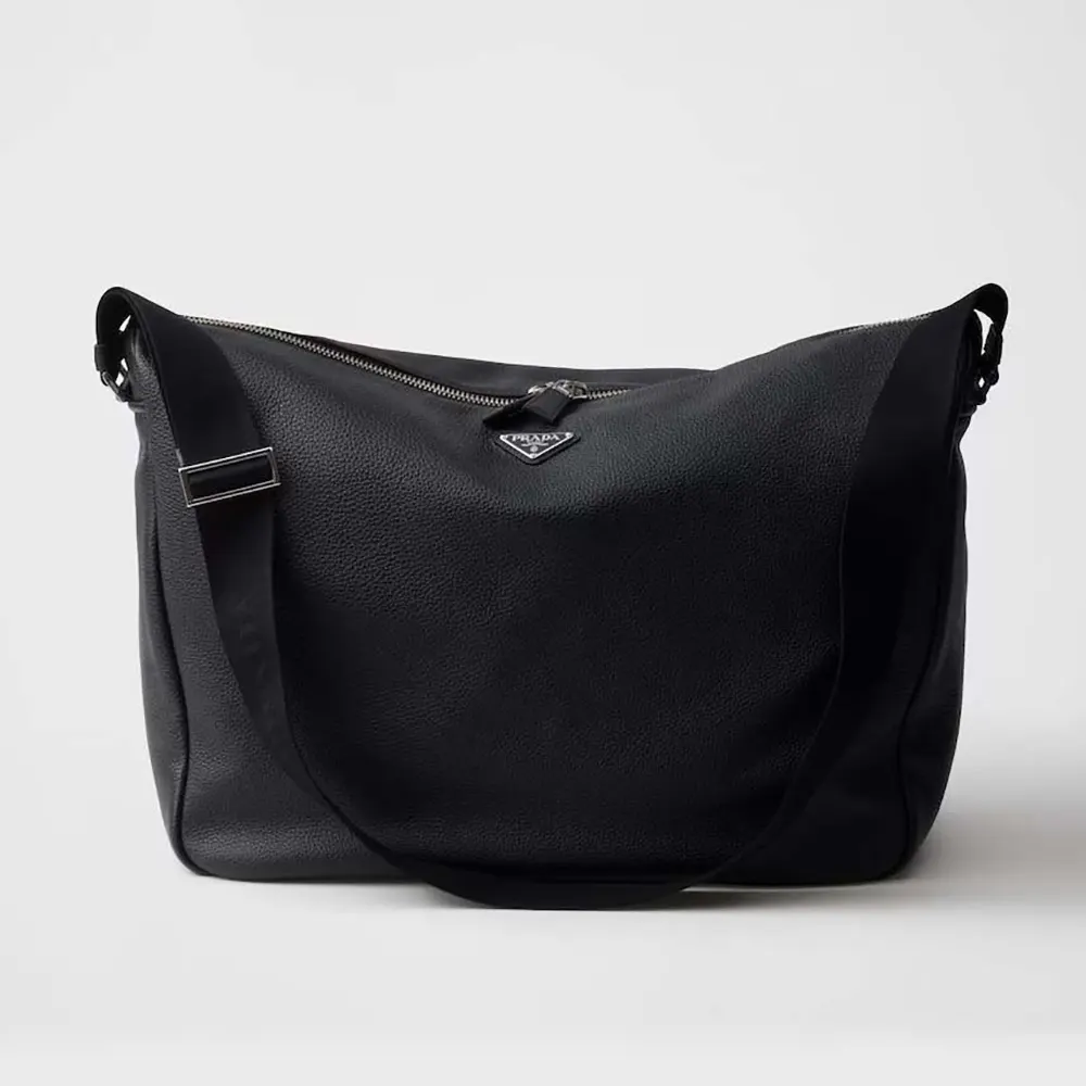 Front view of Prada Men Leather Shoulder Bag-Black with zip closure