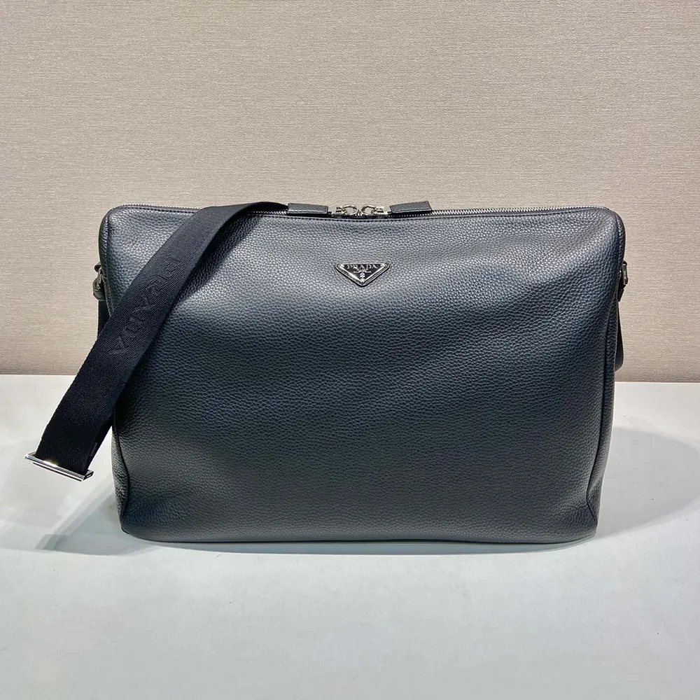 Side angle showing adjustable strap of Prada Men Leather Shoulder Bag-Black