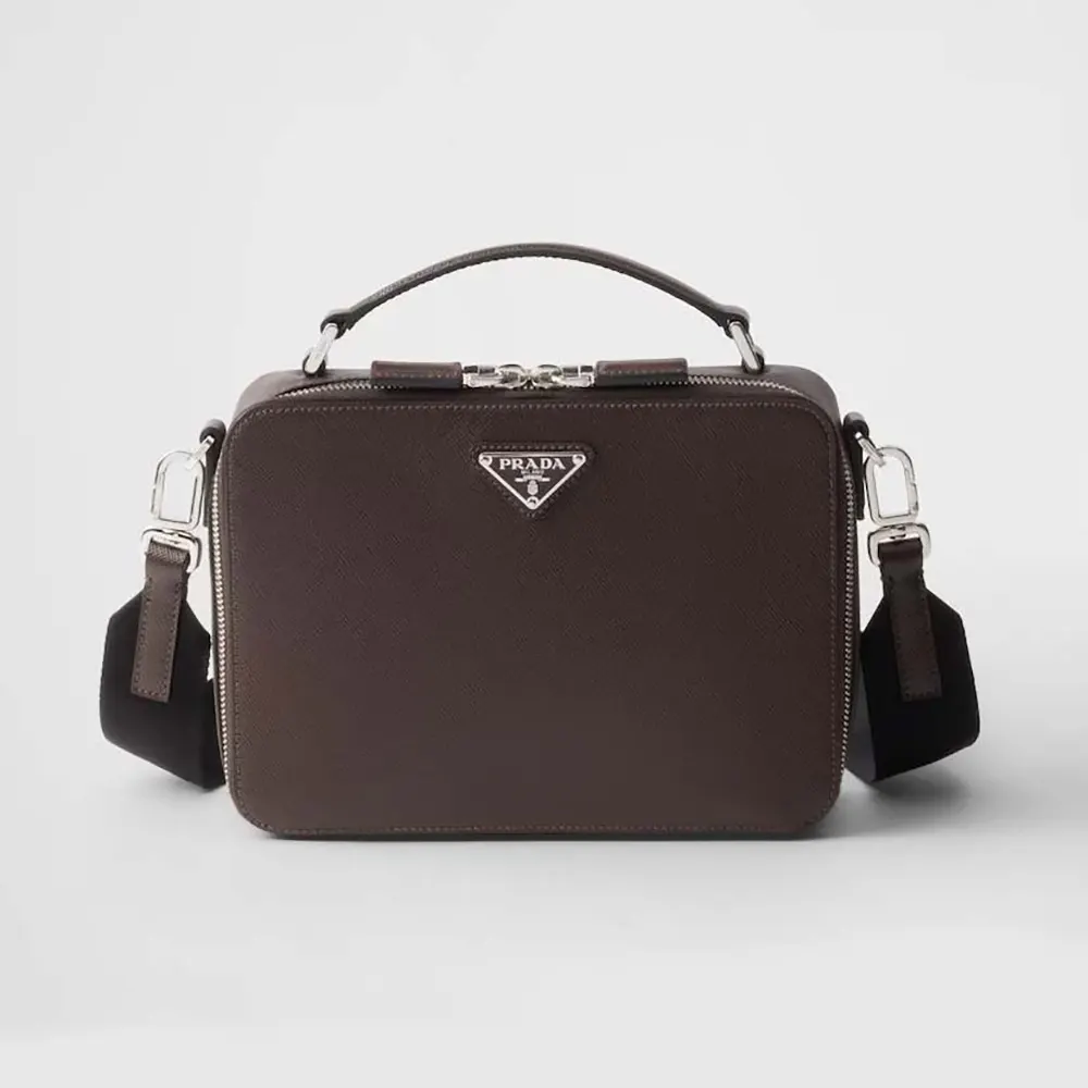 Front view of Prada Men Medium Prada Brique Saffiano Leather Bag in burgundy