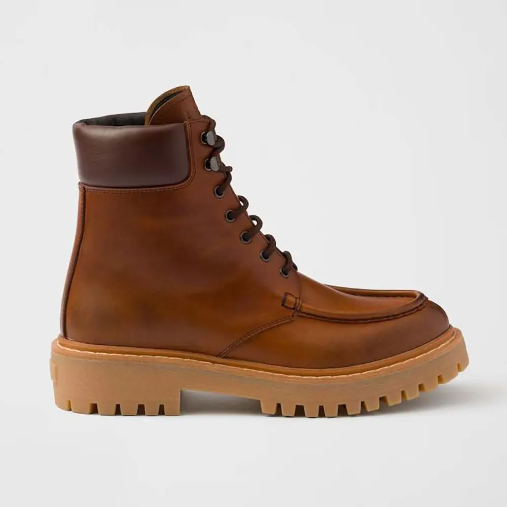 Side profile of Prada Unisex Leather Lace-up Boots-Brown showing silhouette