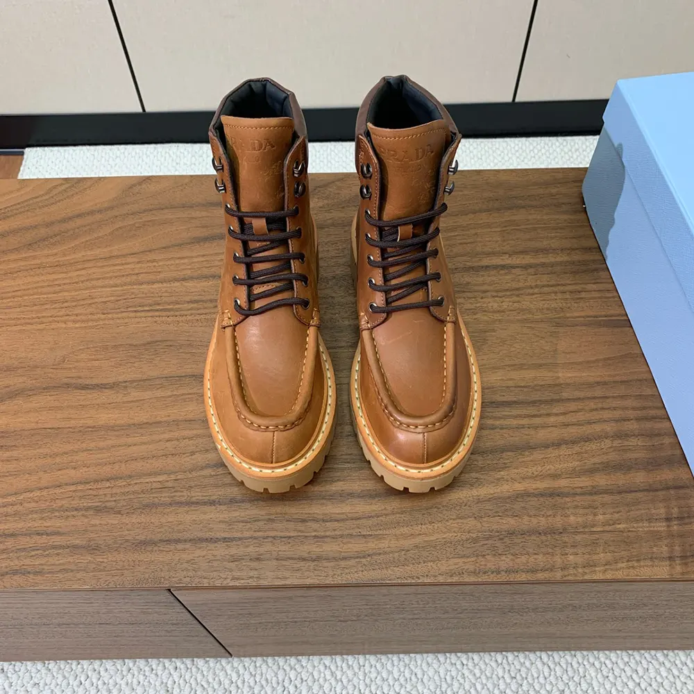 Top-down view of Prada Unisex Leather Lace-up Boots-Brown showing interior lining