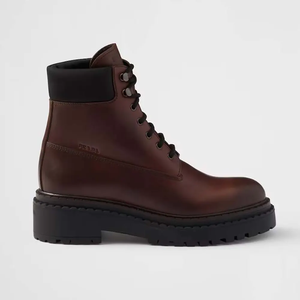 Side view of Prada Unisex Leather and Re-Nylon booties-Cognac showing silhouette