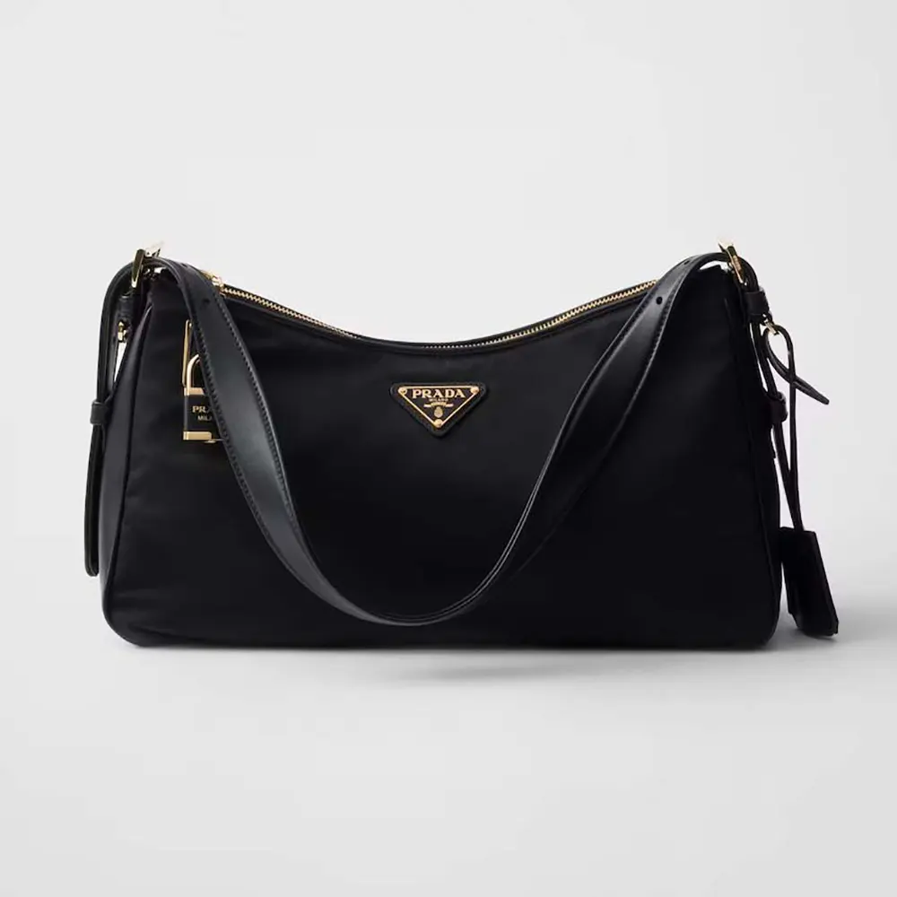 Front view of Prada Women Aimée large Re-Nylon and Leather Shoulder Bag with Padlock