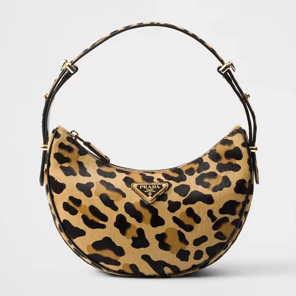 Front angle of Prada Women Arqué Printed Leather Shoulder Bag in brown leather
