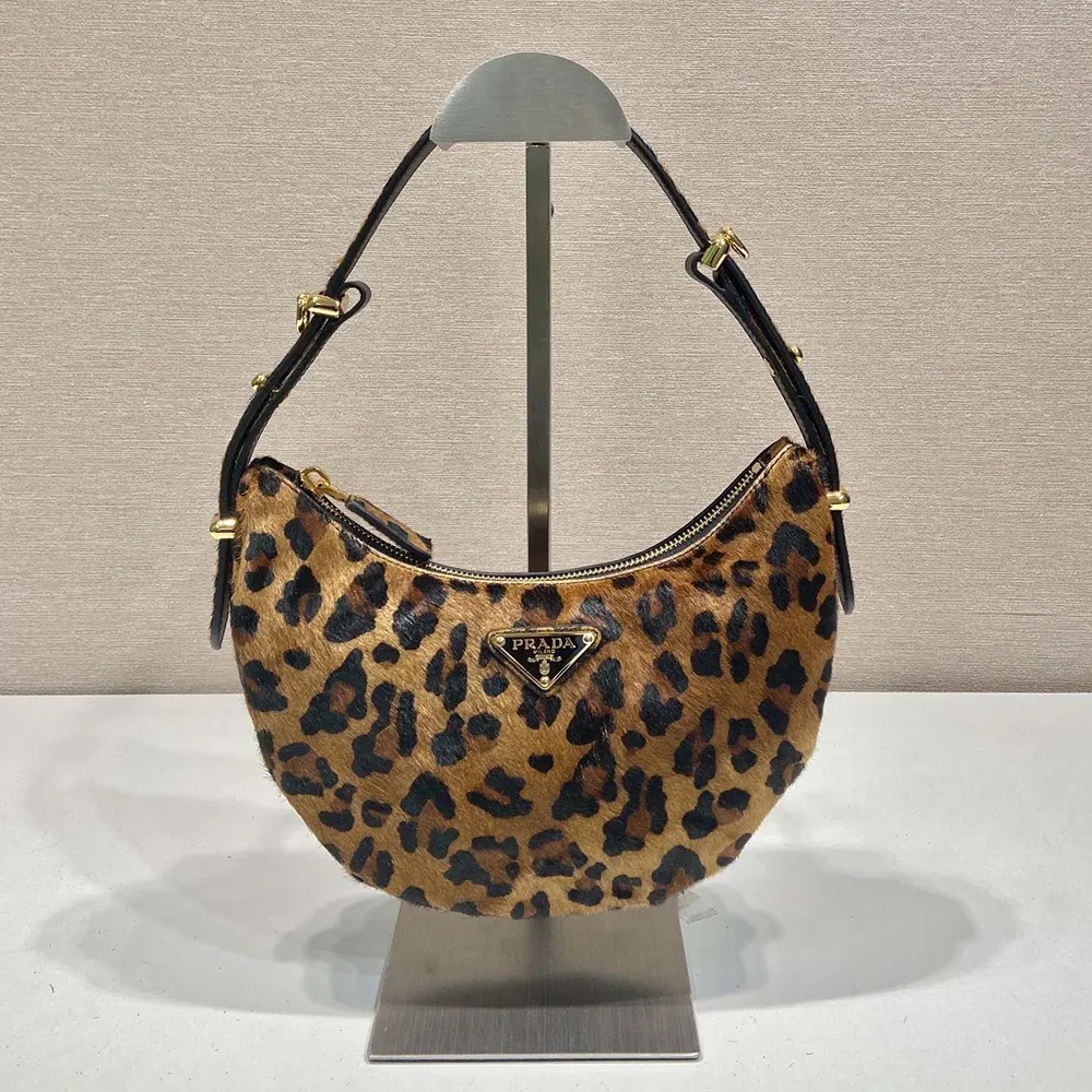 Close-up of gold-tone hardware on Prada Women Arqué Printed Leather Shoulder Bag