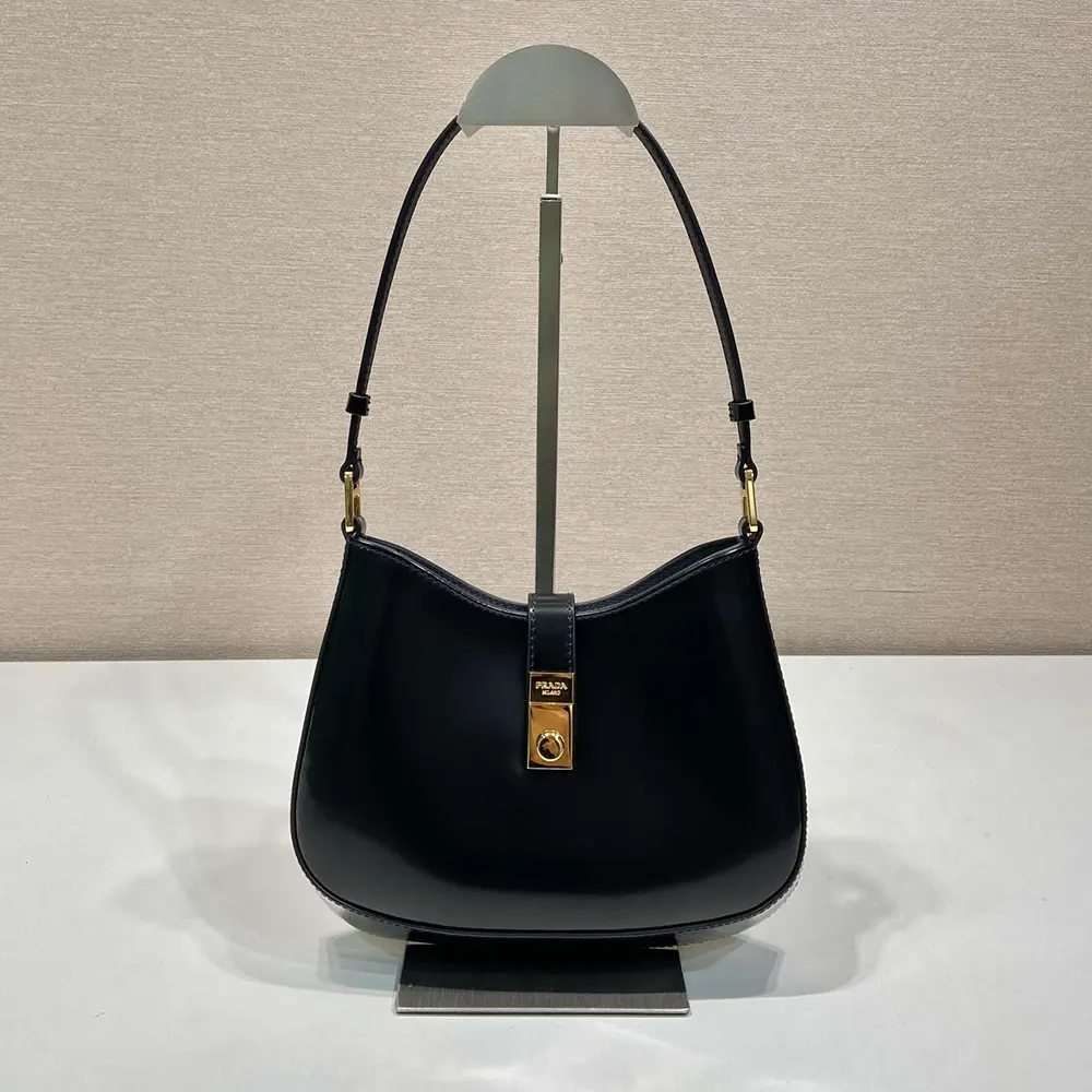 Close-up of signature clasp on Prada Women Cleo Brushed Leather Shoulder Bag