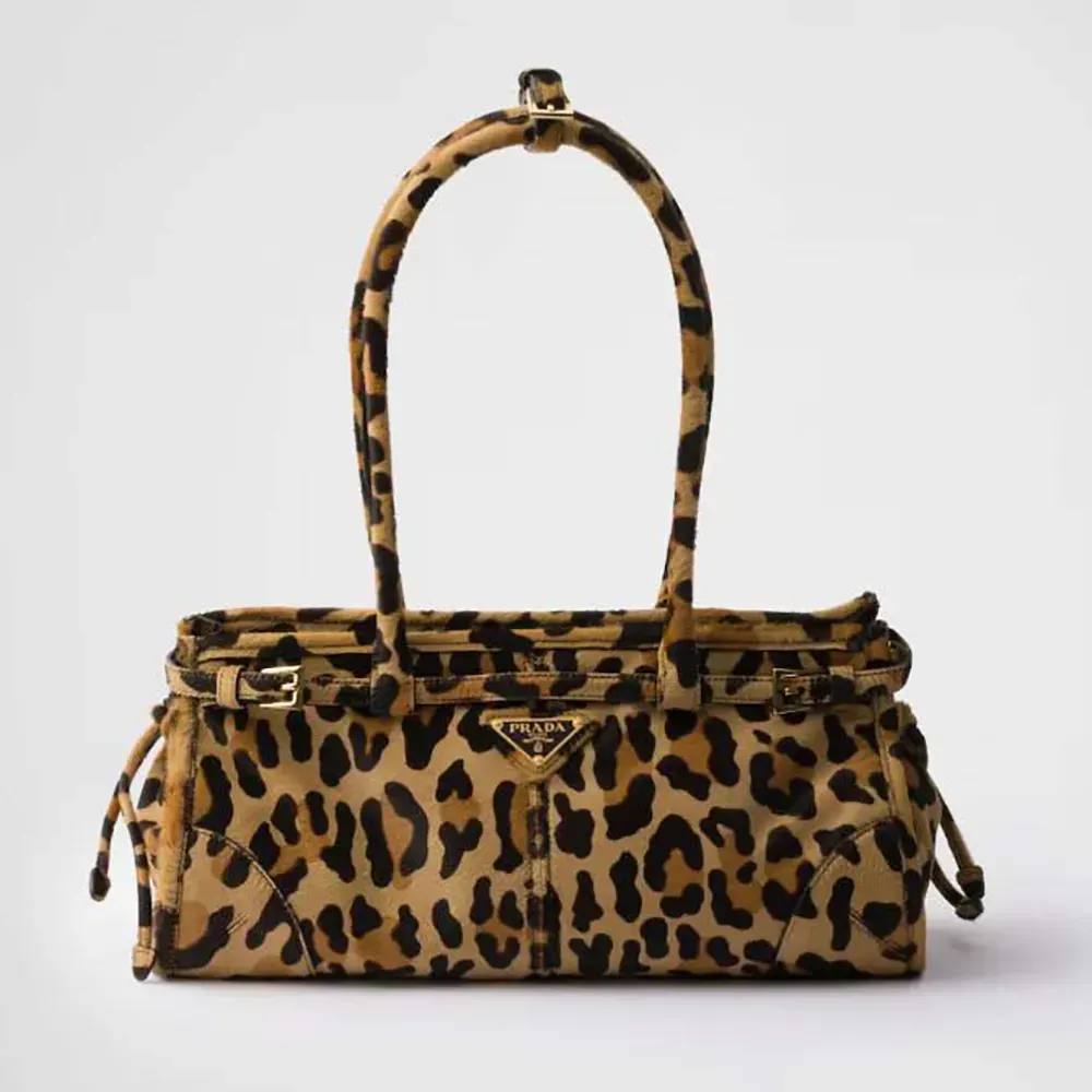 Front view of Prada Women Medium Printed Leather Handbag in brown