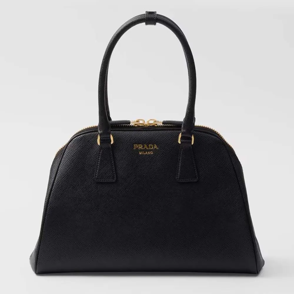 Front view of Prada Women Medium Saffiano Leather Bag-Black with flap closed