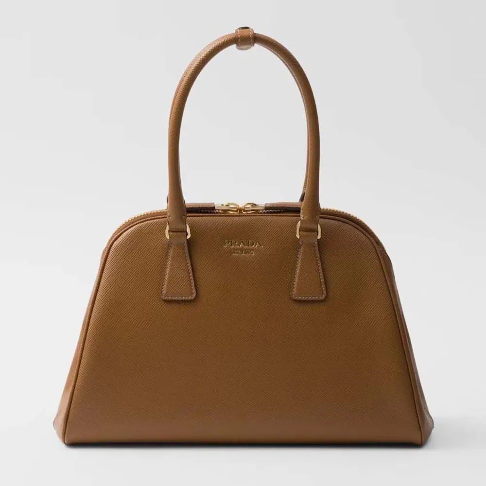 Front view of Prada Women Medium Saffiano Leather Bag-Brown with gold hardware