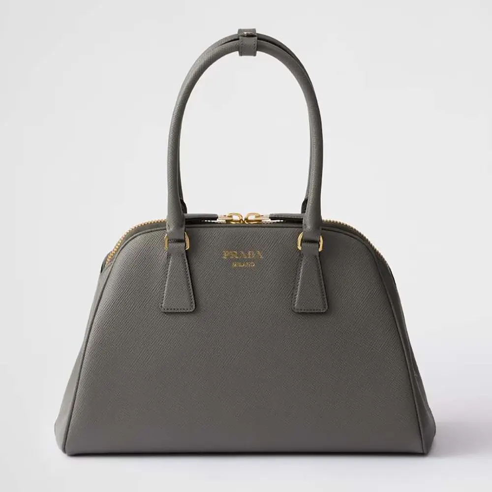 Front view of Prada Women Medium Saffiano Leather Bag-Gray with logo detail