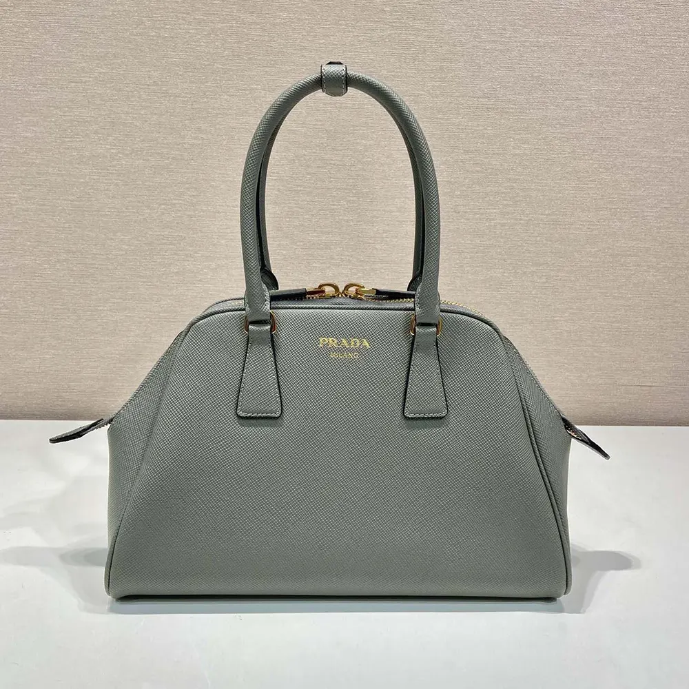 Close-up of gray saffiano leather texture on Prada Women Medium Saffiano Leather Bag-Gray