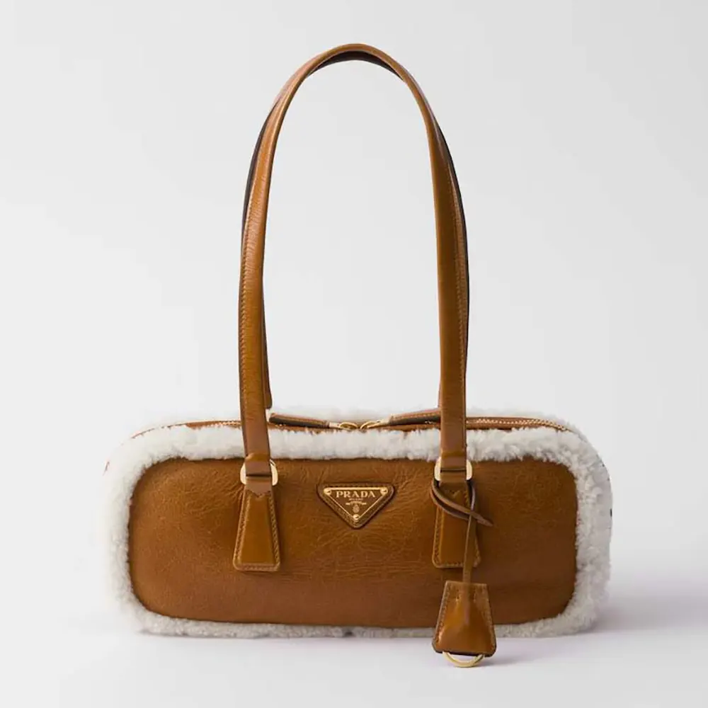 Front view of Prada Women Medium Shearling Two-handle Bag in brown