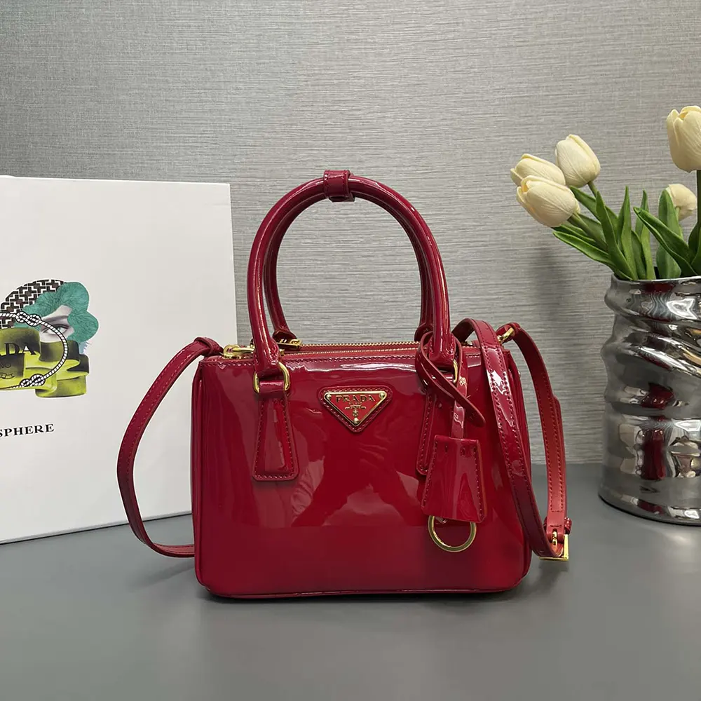 Side angle showing Prada Galleria Patent Leather Mini Bag-Red silhouette