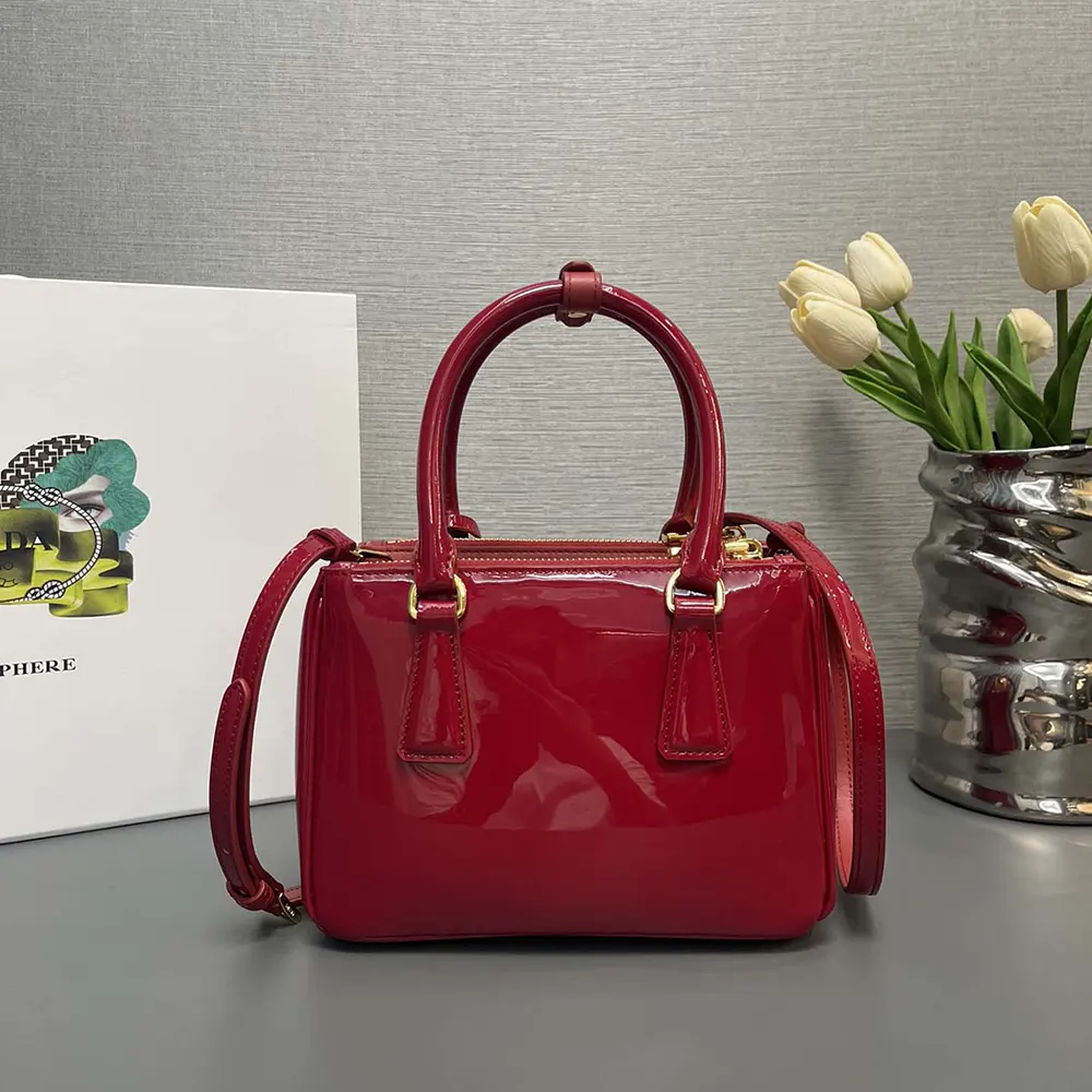 Close-up of silver-tone hardware on Prada Galleria Mini Bag Red