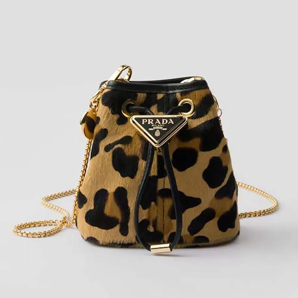 Front view of Prada Women Printed Leather Mini Pouch in brown