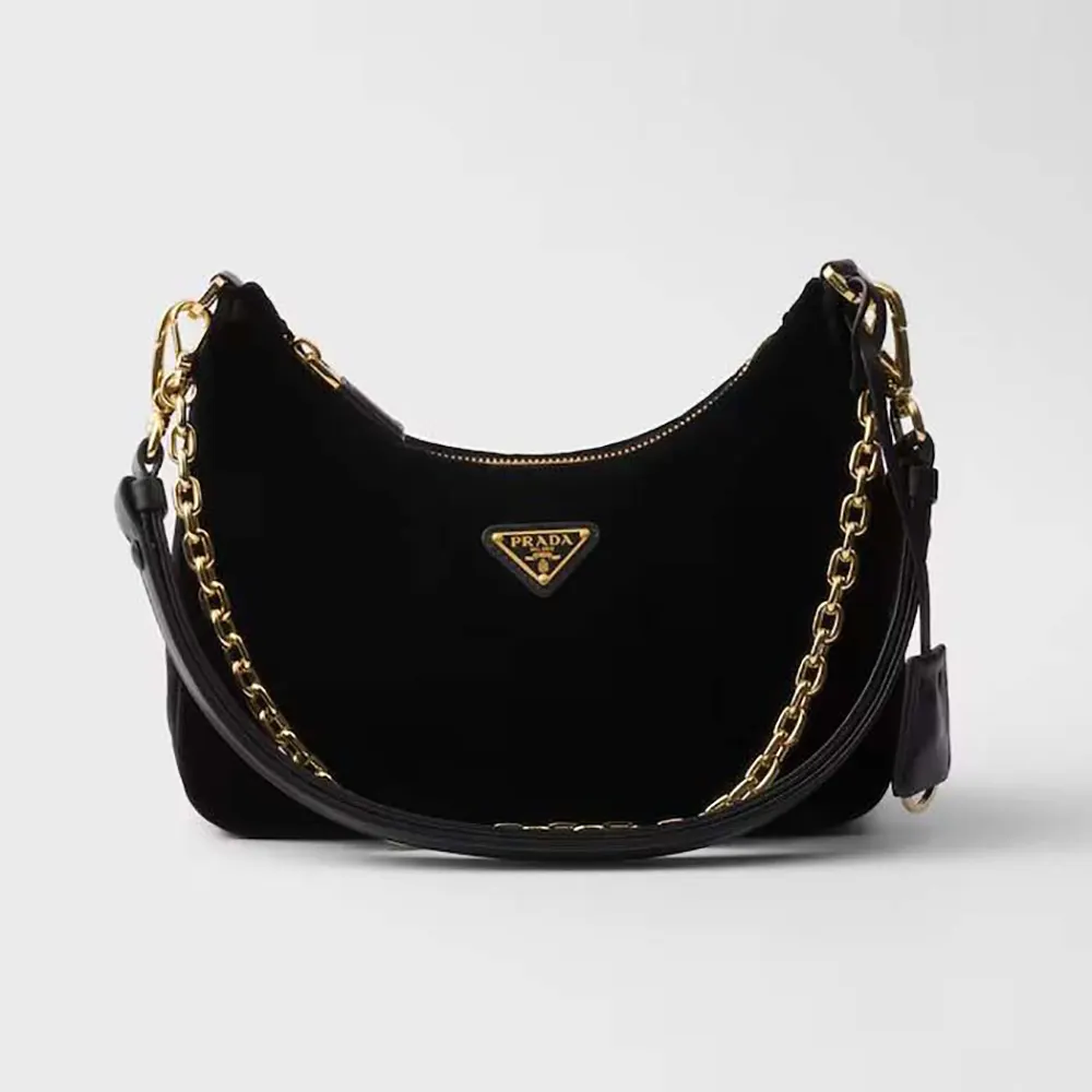 Front view of Prada Women Re-Edition Velvet Mini-bag Black with gold hardware