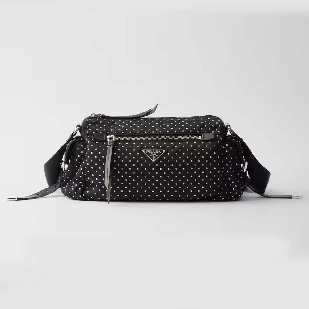 Front view of Prada Women Re-Nylon Bag with Studs in black