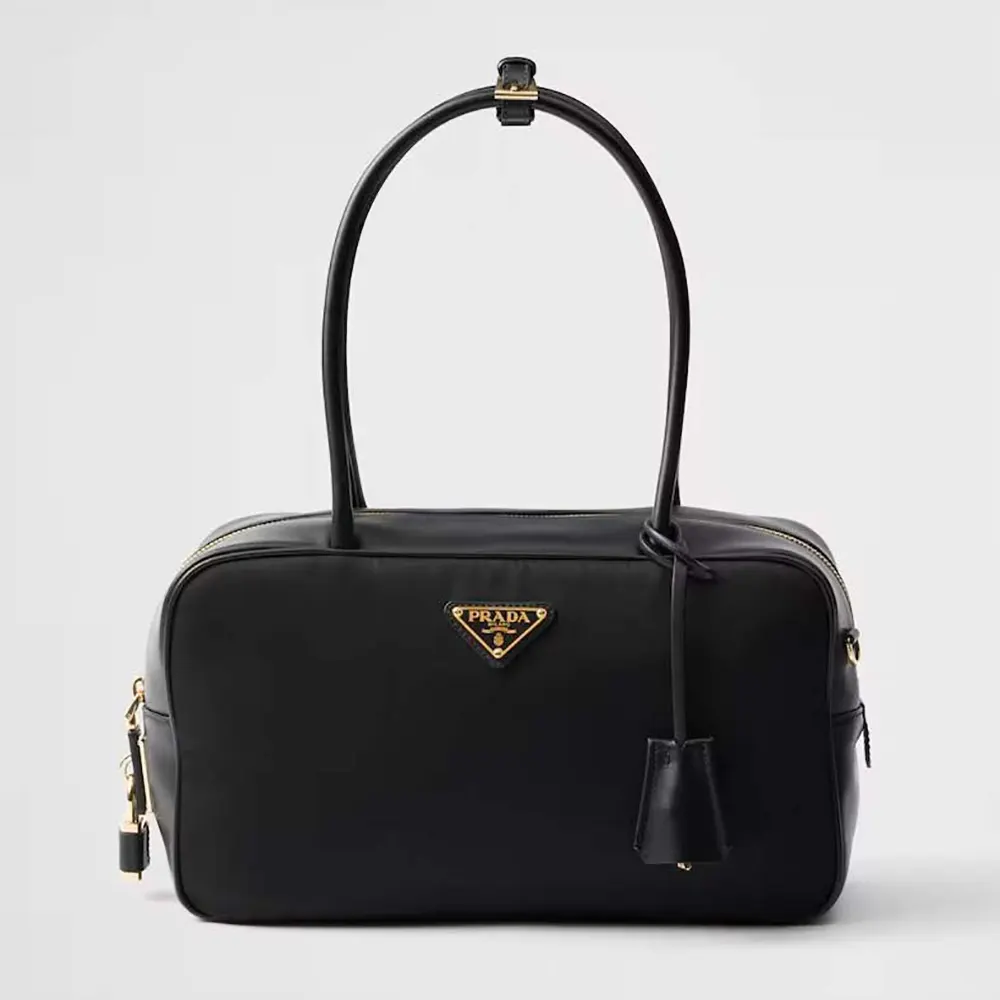 Front view of Prada Women Re-Nylon and Leather Medium Top-handle Bag with Padlock