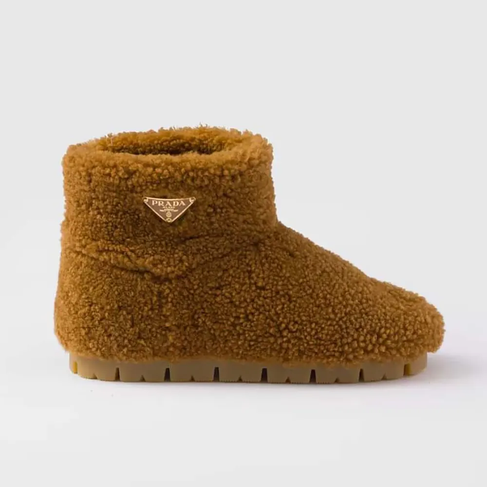 Side profile of Prada Women Shearling Booties-Brown showing silhouette