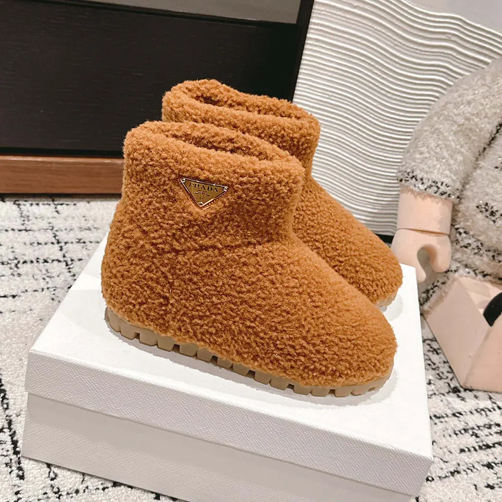 Top view of Prada Women Shearling Booties-Brown highlighting slip-on design