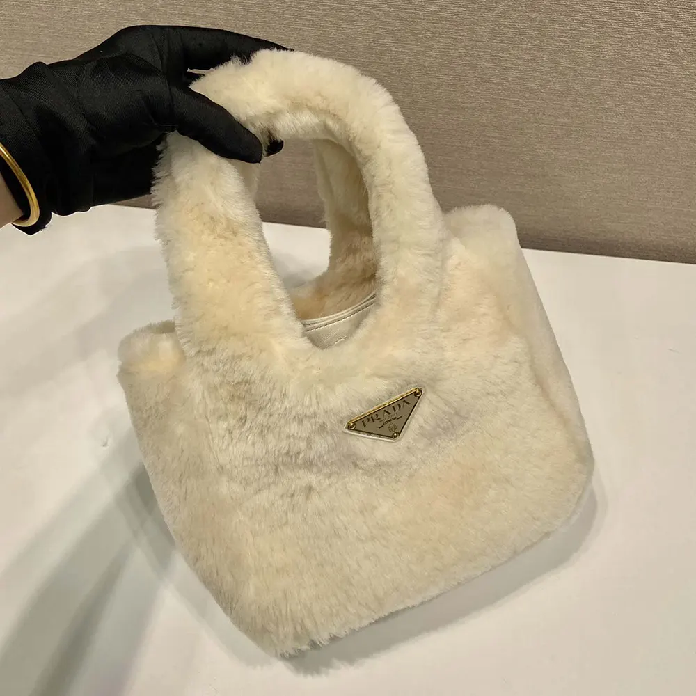 Prada Women Shearling Mini Handbag-Beige - image 4