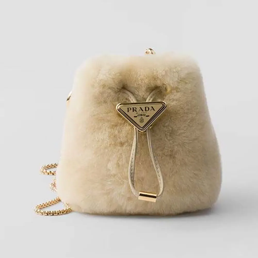 Front view of Prada Women Sheepskin Mini Pouch-Beige with logo detail
