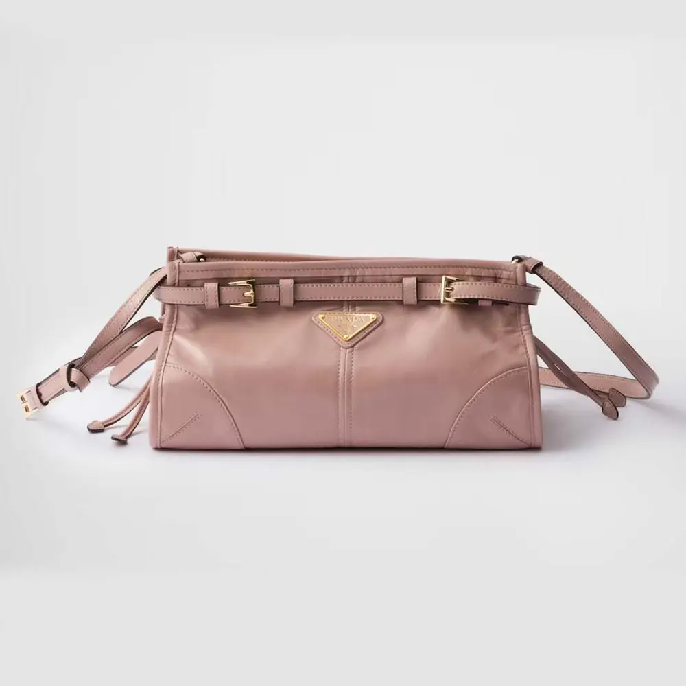 Front view of Prada Women Small Leather Shoulder Bag-Pink showcasing logo