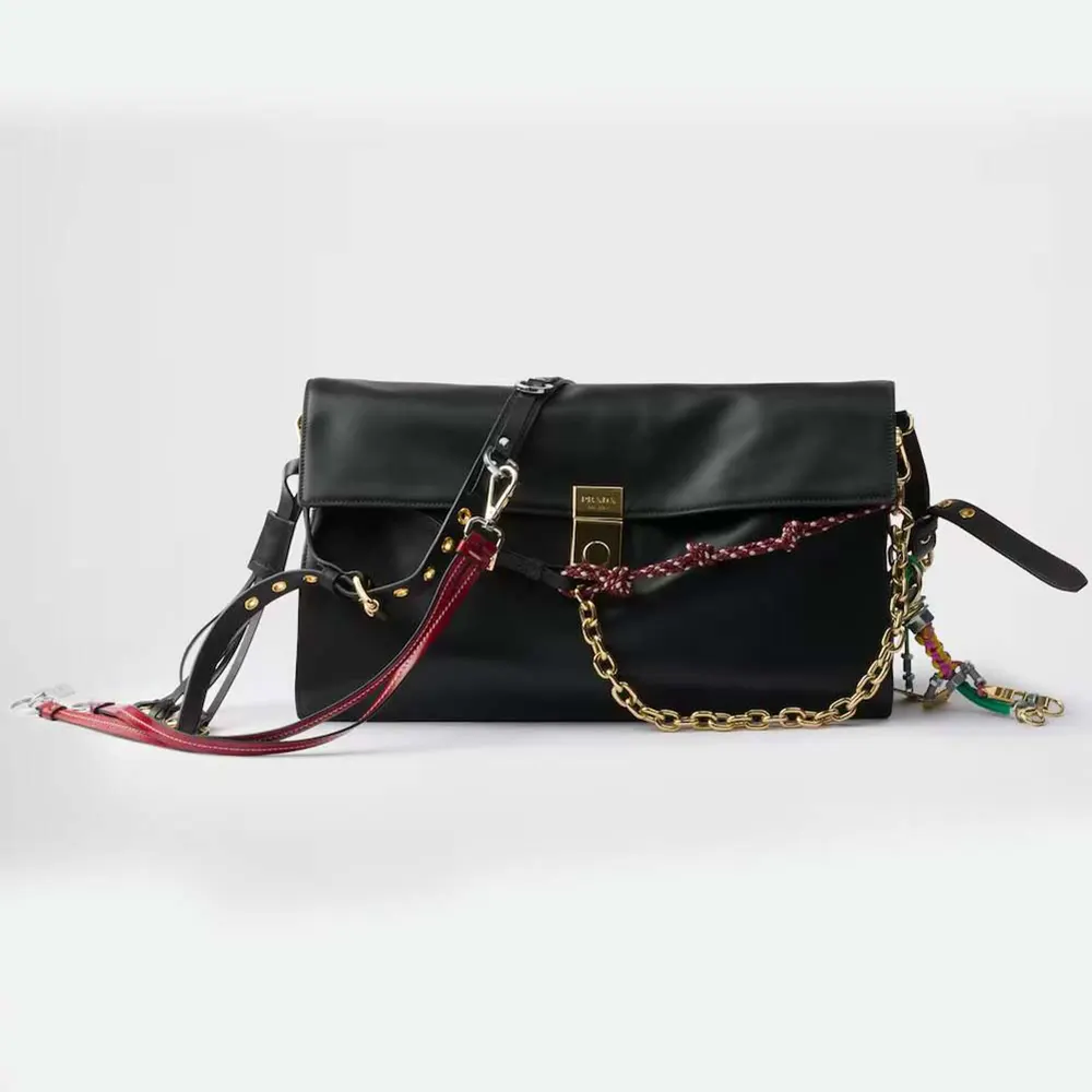 Front view of Prada Women Soft Sound Large Leather Shoulder Bag with Charms-Black
