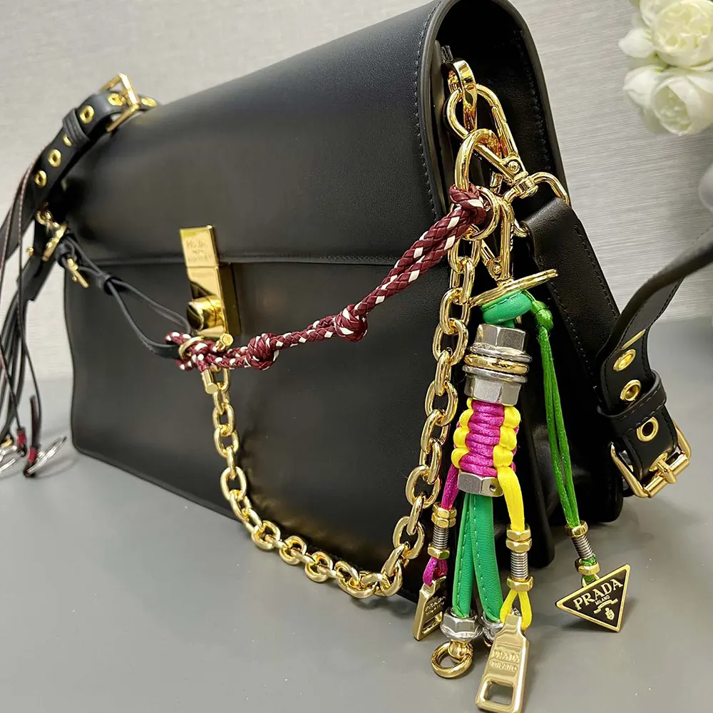 Prada Women Soft Sound Large Leather Shoulder Bag with Charms-Black - image 7