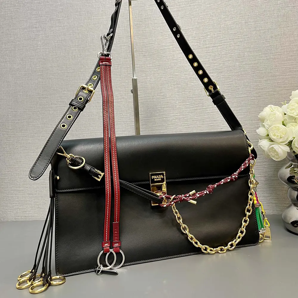 Prada Women Soft Sound Large Leather Shoulder Bag with Charms-Black - image 4