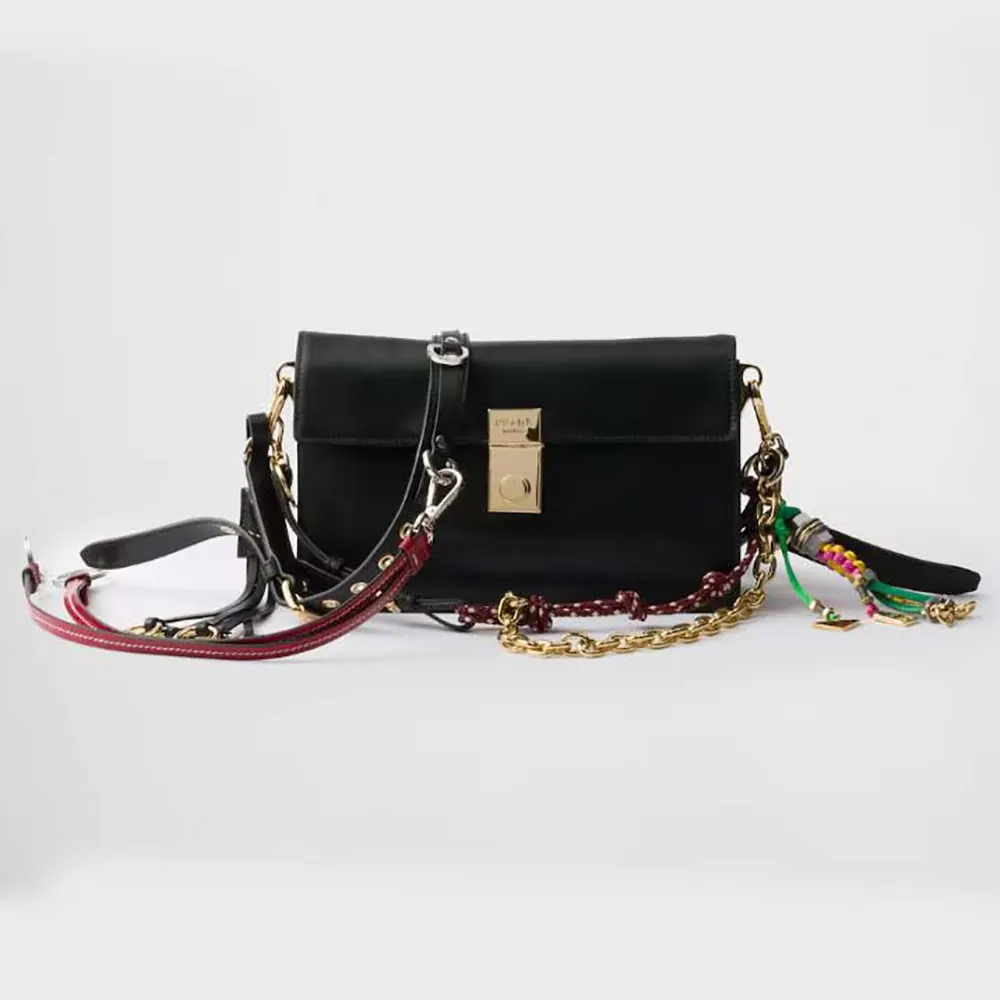 Front view of Prada Women Soft Sound Small Leather Shoulder Bag with Charms-Black