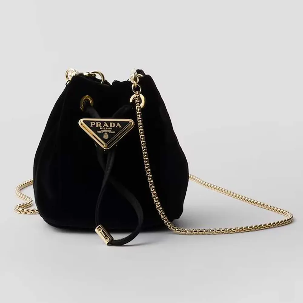 Front view of Prada Women Velvet Mini Pouch-Black with gold logo