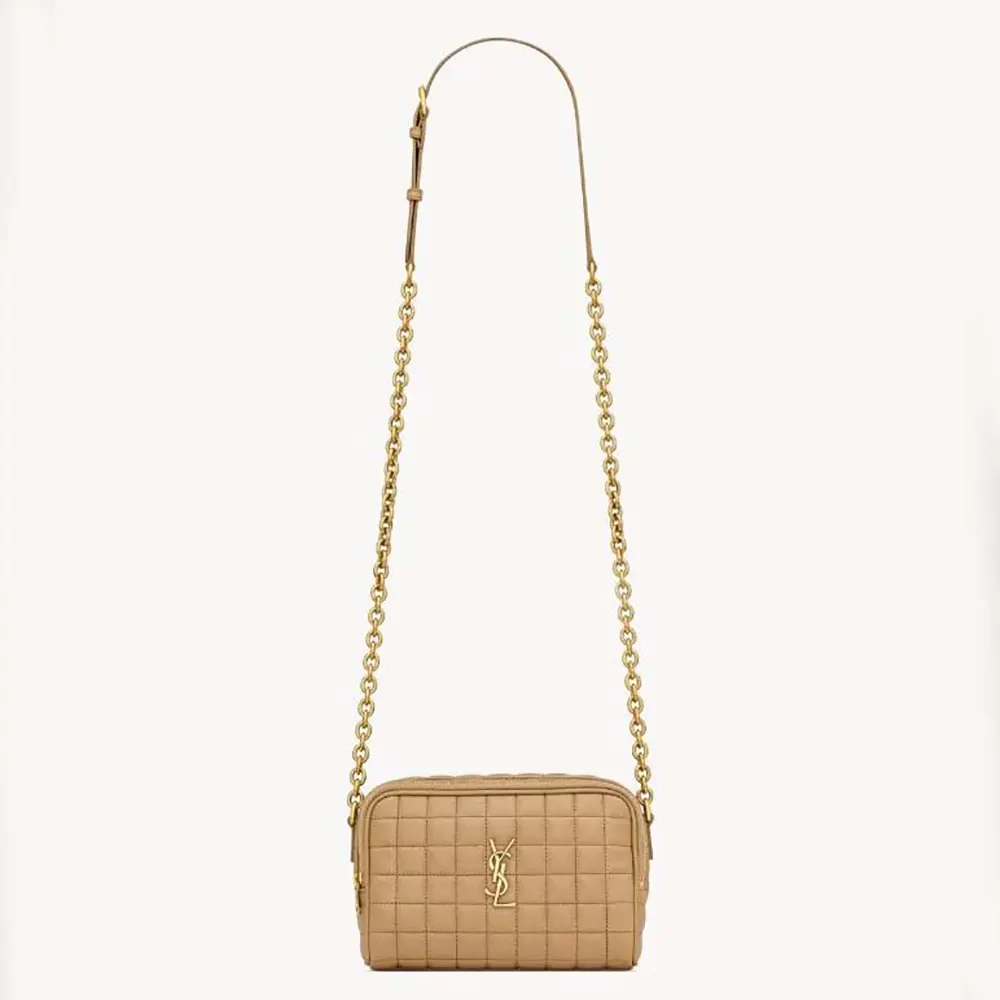 Front view of Saint Laurent YSL Women Cassandre Matelassé Carré Camera Bag in sandy lambskin