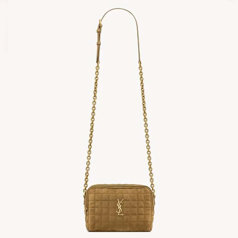Front view of Saint Laurent YSL Women Cassandre Matelassé Carré Camera Bag in brown suede