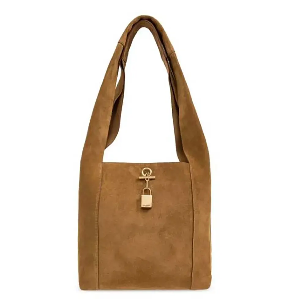 Front view of Saint Laurent YSL Women Hobo Tanger Logo Engraved Shoulder Bag in brown leather